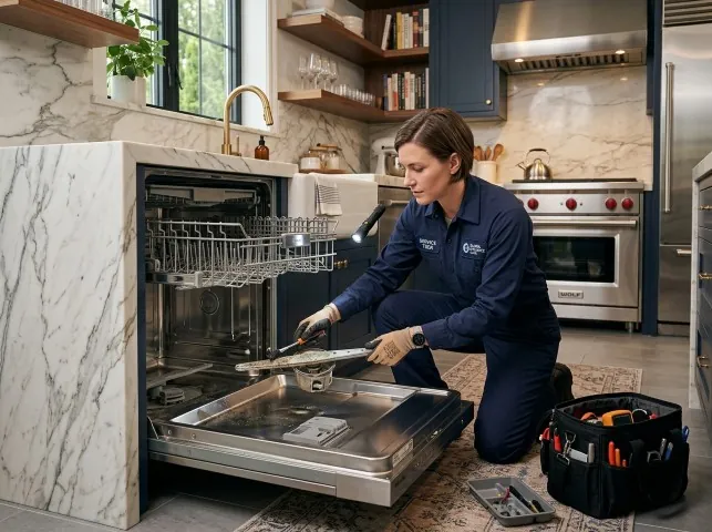 Appliance Repair Hero technician servicing a built-in dishwasher in a Ambler, PA kitchen