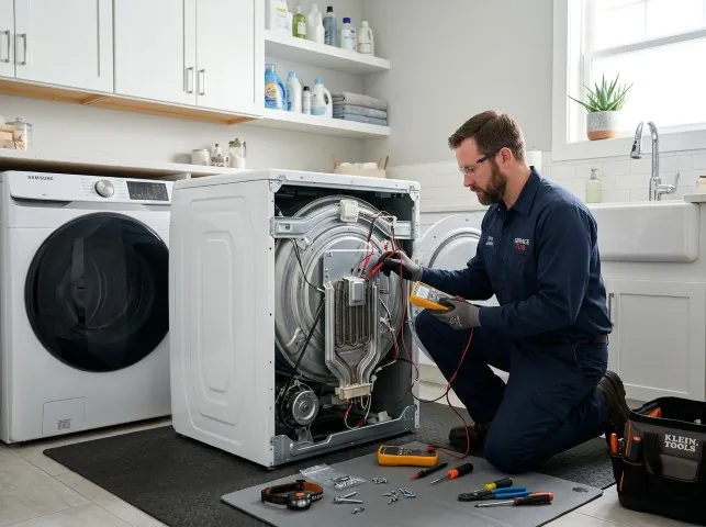 Appliance Repair Hero technician checking a dryer heating element with the rear panel off in Ambler, PA