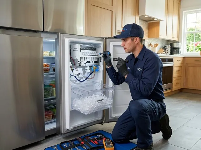 Appliance Repair Hero technician repairing a refrigerator ice maker in Ambler, PA