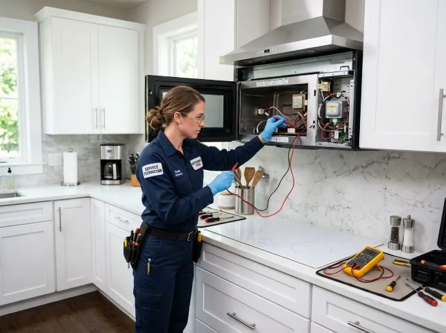 Appliance Repair Hero technician testing an over-the-range microwave in a Ambler, PA kitchen