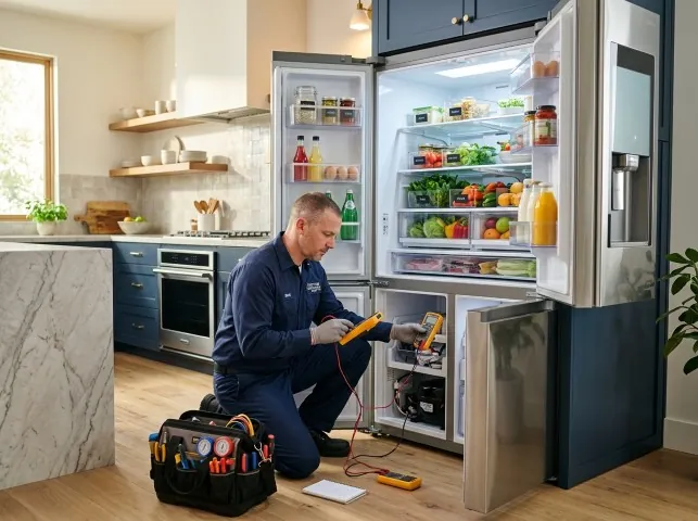 Appliance Repair Hero refrigerator technician testing a fridge on a Ambler, PA service call