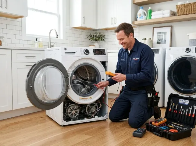 Appliance Repair Hero technician testing a front-load washer with a multimeter on a Ambler, PA service call